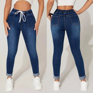 2023 Fall New Women Elastic Waist Ankle-Length Jeans High Waist Stretch Fashion Drawstring Skinny Denim Pencil Pants S-2XL