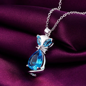 DOTEFFIL 925 Sterling Silver 18 Inch Blue Crystal Fox Pendant Necklace For Women