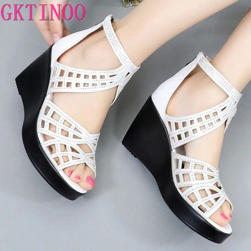 GKTINOO 2024 Rhinestone Women Sandals Platform Wedges High heels Sandals Fashion Hollow Out Open toe Summer Women Shoes