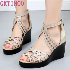 GKTINOO 2024 Rhinestone Women Sandals Platform Wedges High heels Sandals Fashion Hollow Out Open toe Summer Women Shoes