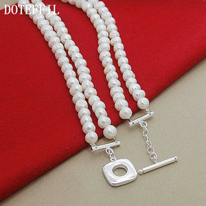 DOTEFFIL 8mm Double White Natural Pearls Chain Necklace 925 Sterling Silver For Women