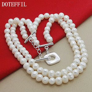 DOTEFFIL 8mm Double White Natural Pearls Chain Necklace 925 Sterling Silver For Women