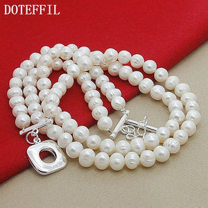 DOTEFFIL 8mm Double White Natural Pearls Chain Necklace 925 Sterling Silver For Women