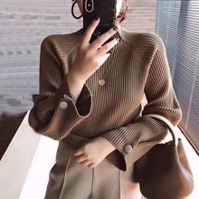 Women Autumn And Winter Half High Collar Knitted Sweaters Elastic Soild Color Pullover Button Full Sleeve Tops