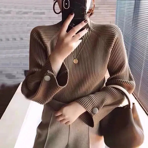 Women Autumn And Winter Half High Collar Knitted Sweaters Elastic Soild Color Pullover Button Full Sleeve Tops