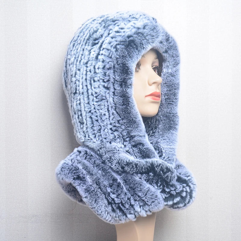 Winter Hats for Woman Fall Cap Warm Natural Fur Hat with Neck Scarves Bonnets Women Knitted Real Rex Rabbit Fur Hat Hooded Scarf