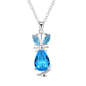 DOTEFFIL 925 Sterling Silver 18 Inch Blue Crystal Fox Pendant Necklace For Women