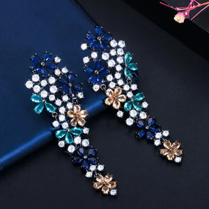 Zircons Long Drop Flower Multi Color Earrings for Women Fashion Jewelry