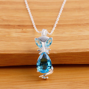 DOTEFFIL 925 Sterling Silver 18 Inch Blue Crystal Fox Pendant Necklace For Women