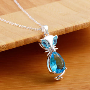 DOTEFFIL 925 Sterling Silver 18 Inch Blue Crystal Fox Pendant Necklace For Women