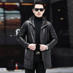 Genuine Leather Men's Hooded Mid Length  First Layer Cowhide Mulberry Cotton down Jacket