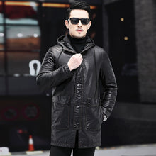 Genuine Leather Men's Hooded Mid Length  First Layer Cowhide Mulberry Cotton down Jacket