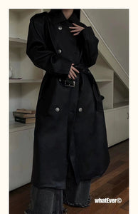 INSS Studio Fall and Winter Fancy Heavy Industry PU Leather Loose Tied Stylish Long Trench Coat