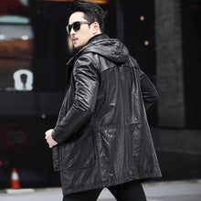 Genuine Leather Men's Hooded Mid Length  First Layer Cowhide Mulberry Cotton down Jacket