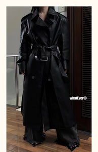 INSS Studio Fall and Winter Fancy Heavy Industry PU Leather Loose Tied Stylish Long Trench Coat