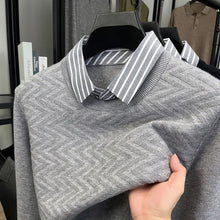 Men's Knit Sweater with Shirt Collar - Gray Vintage Style Fake Layered Business Casual Pullover Old Money Style Top