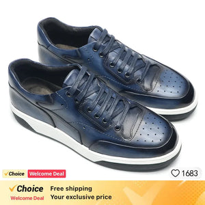 Men's Genuine Leather Casual Sneakers Soild Blue Black,Breathable Sports Style