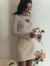 Fall Wint Heart Cut Out Ribbed Knit Tops for Women Elegant Flare Sleeve Sexy Slim Tops Basic Pullovers Streetwear