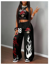 Women's 2 Piece Outfits Graphic Crop Tank Low Rise Wide Leg Baggy Pants Set Hip Hop Streetwear