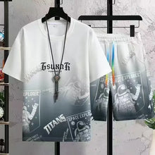 Summer New Fashion Trend Printed Short Sleeve Shorts Set Men Loose Sports Breathable Fashion Large Size Two-Piece Set
