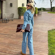 Autumn Denim Jumpsuit for Women  Long Sleeve Elegant  Turn Down Collar