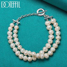 DOTEFFIL 925 Sterling Silver Double Natural Freshwater Pearl Chain Bracelet For Woman