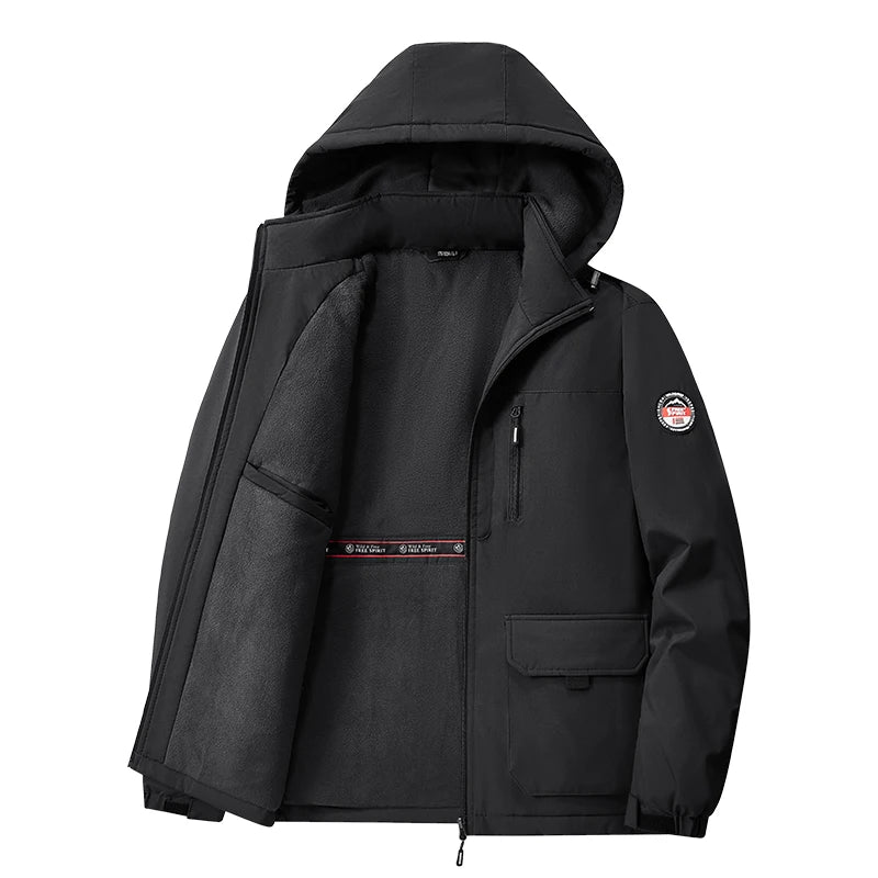 Big&Tall 8XL Men Outdoor Jacket Fleece Lined Thick Warm Winter Jacket Hiking Camping Windbreaker Plus Size Outwear Hooded Coat