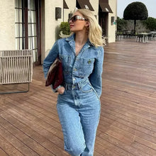 Autumn Denim Jumpsuit for Women  Long Sleeve Elegant  Turn Down Collar