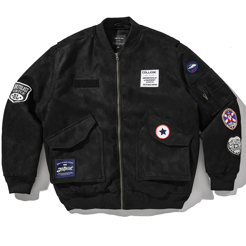 Mens American Heavyweight Padded Bomber Jacket Winter Warm Badge Patch Streetwear Fashion Trendy Coat Korean Hip Hop Parkas Male