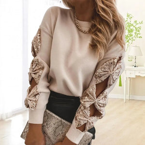 Women Sweater Elegant Sequin Knitted Sweater  ( Bow Design on Sleeves)