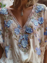 Casual Short Sleeve Loose Commute Tee-shirts Summer V-neck Jacquard Commute Blouse Fashion Lace Embroidery Floral Pullovers Tops