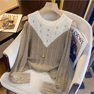 Women's Clothing Hollow Out Off Shoulder T-shirt Spring Autumn Long Sleeve Solid Color Spliced Stylish O-Neck Knitted Pullovers