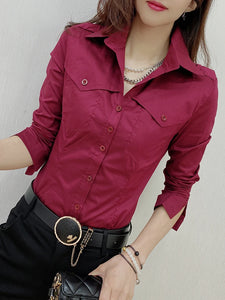 2024 New Fall Winter European  Shirts Office Lady Pockets Blouses  Button Up Long Sleeve Tops