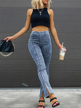 Curvy Slit Hem Jeans Women Slim Fit Stretch Pencil Pants Elastic High Waist Solid Color