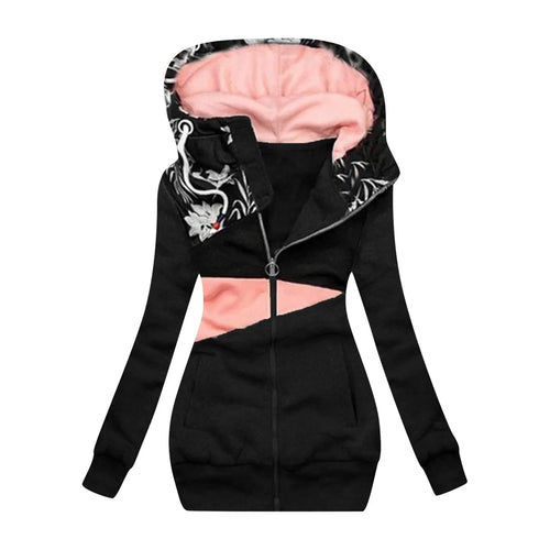 Women's Zipper Color blocked Printed Hoodie Long sleeved Jacket Casual Hoodie