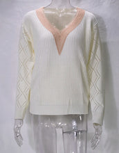 Autumn Winter Women's Sweater Fashion Knitted Long Sleeve Tops White Lace V-neck Pullovers Casual New In Knitwears 2024