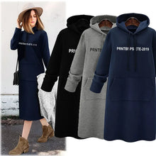 Loose Casual Hoodie Dress Women's Mid-Length Korean Style plus Size Print round Neck Empire Waist Long Sleeve Dress