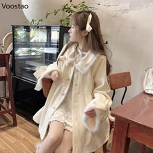Autumn Winter Warm Lolita Style Woolen Coat Women Sweet Faux Fur Plush Patchwork Loose Jacket  Female Casual Outwear Tops