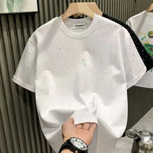 Men's Summer Rhinestone Rivet T-shirt  featuring a round neck and casual  styles Perfect for high street  fashion in 2025 . Short sleeve for comfort fit