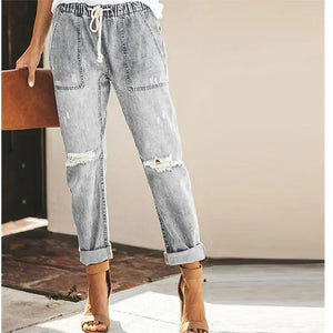 European and American denim straight leg pants with elastic oversized women's jeans ripped