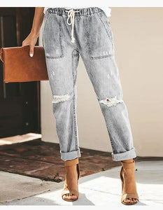 European and American denim straight leg pants with elastic oversized women's jeans ripped