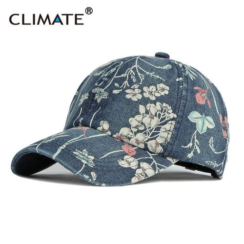 CLIMATE Floral Denim Baseball Cap Hat Women Fashion Flower Caps Denim Jeans