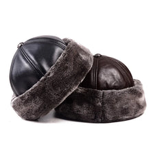 Winter Warm Hats For Men Outdoor Thick Genuine Leather Faux Fur Round Bonnet Russian Male Windproof Snow Ski Cap Fleece Lined