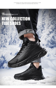 Black Leather Shoes for Men Height Increasing Winter Fashion Sneakers Plus Fur