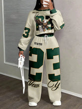 Slaydiva Casual Sports Street Style Women's Loose Fit 2 Pieces Set With Eagle, Number 23, Star And Letter Graphic,