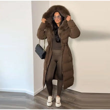 Winter Women Long Down Jacket Fur Hooded Zipper Brown Black Drawstring Padded Cotton Coats Fashion Lady All-matching Outerwear