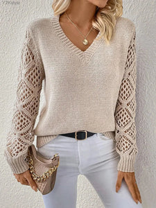 2024 Fashion Casual Sweaters Tops For Women's Solid V Neck Knit Sweater