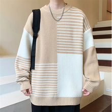 Autumn Winter Fashion Patchwork Striped Knit Pullovers Men Youthful Vitality O-Neck Loose Warm Knitted Sweater Casual Pullover