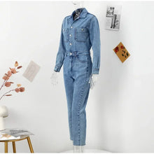 Autumn Denim Jumpsuit for Women  Long Sleeve Elegant  Turn Down Collar