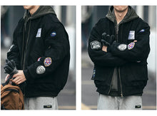 Mens American Heavyweight Padded Bomber Jacket Winter Warm Badge Patch Streetwear Fashion Trendy Coat Korean Hip Hop Parkas Male